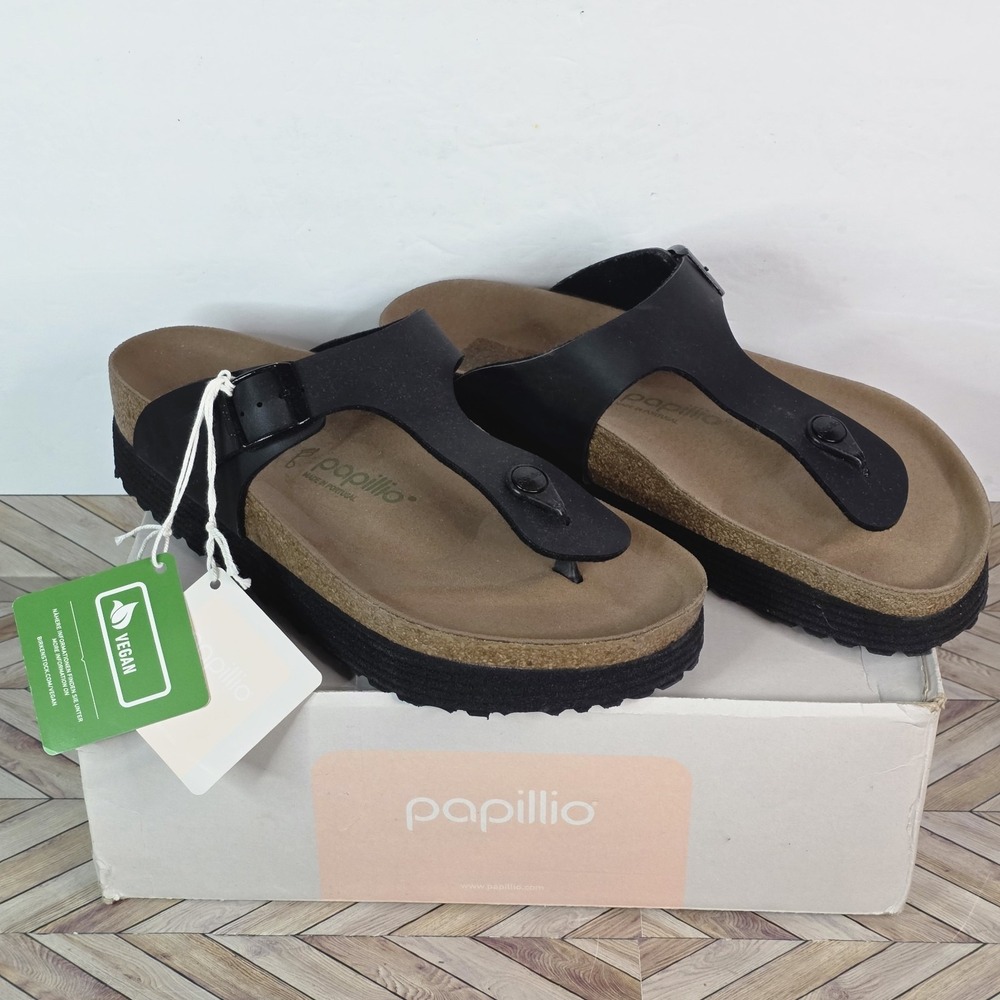Papillio Birkenstock Gizeh Grooved Vegan Platform Thong Black Sandals US 10 41